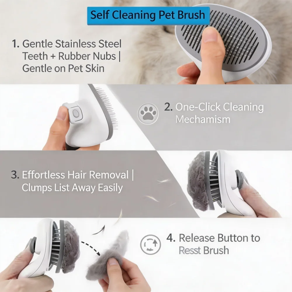 Self-Cleaning Pet Slicker Brush with One-Press Hair Removal
