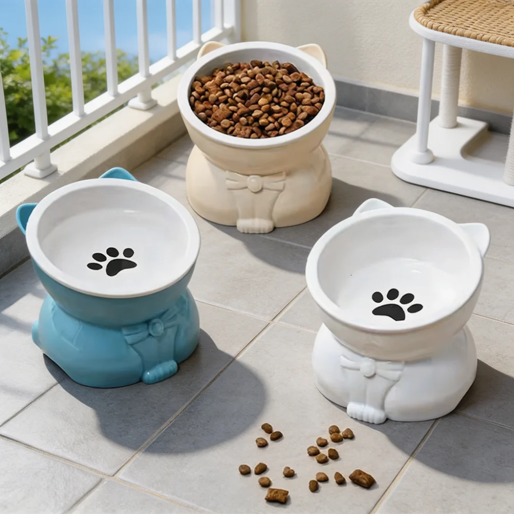 15° Tilted Ceramic Cat Bowl with Raised Base