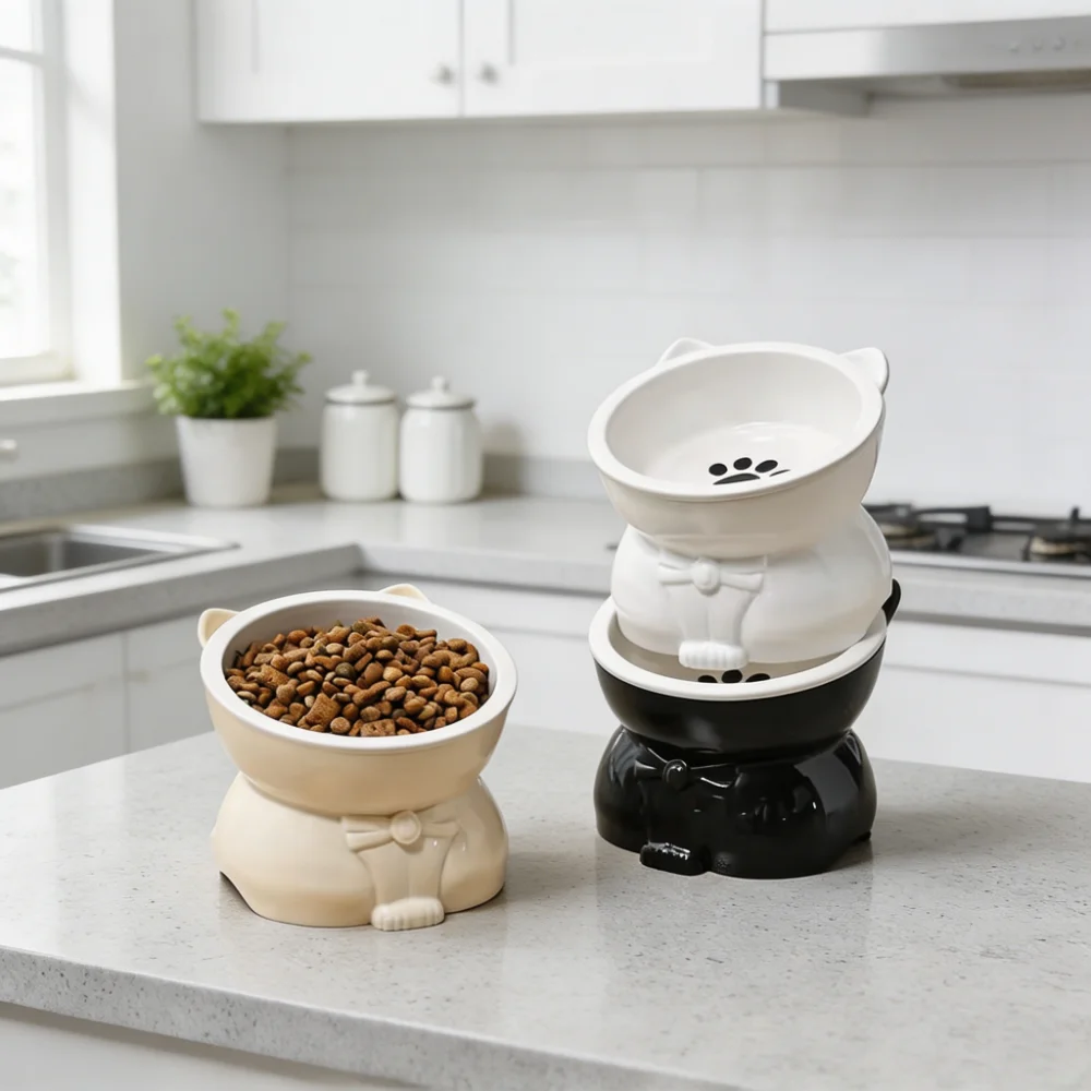 15° Tilted Ceramic Cat Bowl with Raised Base