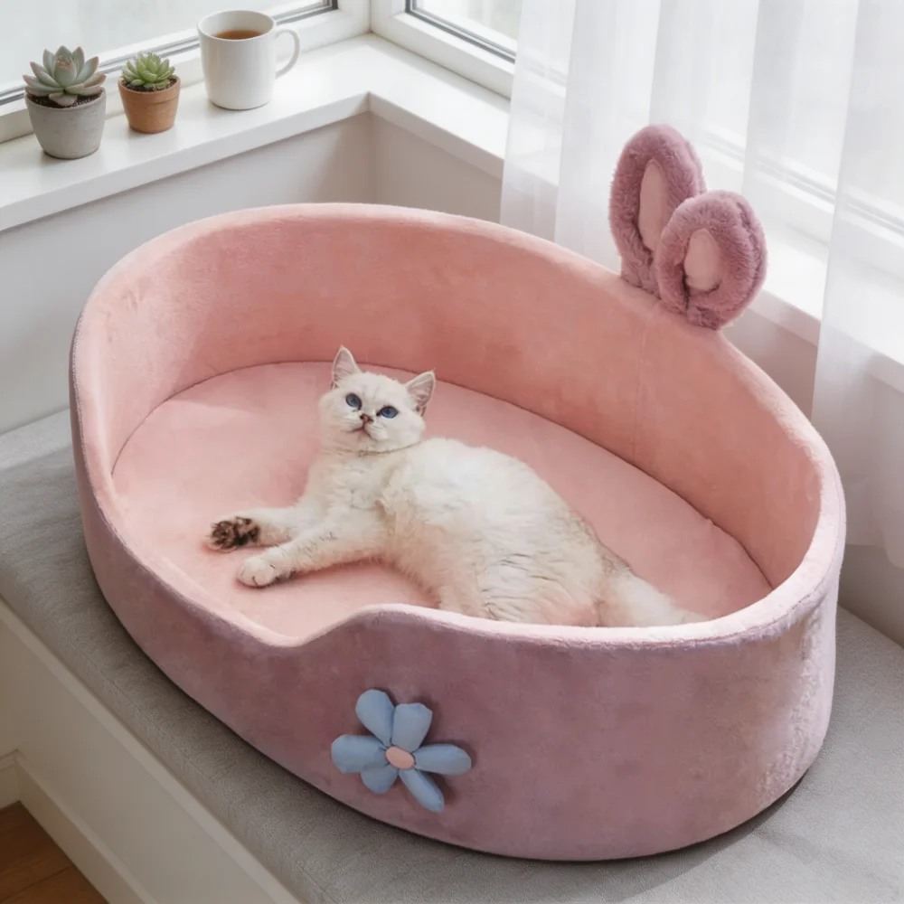 Bunny Ears Round Pet Bed with Semi-Enclosed Design