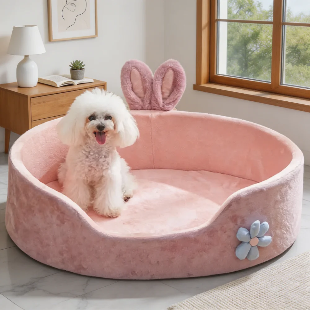 Bunny Ears Round Pet Bed with Semi-Enclosed Design