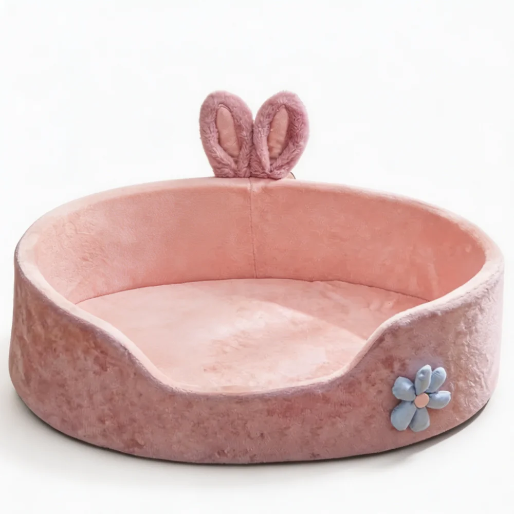 Bunny Ears Round Pet Bed with Semi-Enclosed Design