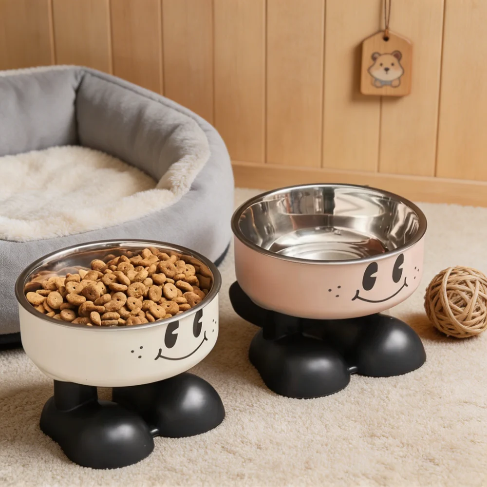 Cartoon Paw Raised Pet Bowl with Stainless Steel Inner Bowl