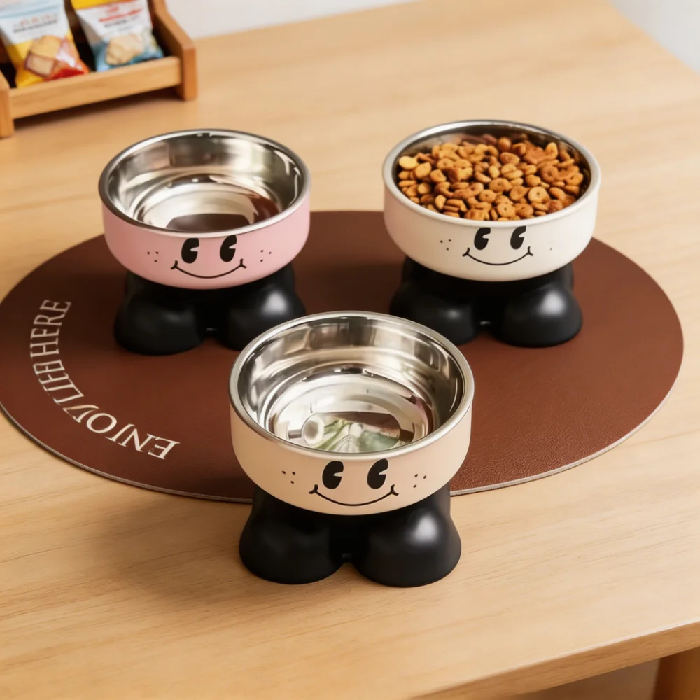 Cartoon Paw Raised Pet Bowl with Stainless Steel Inner Bowl