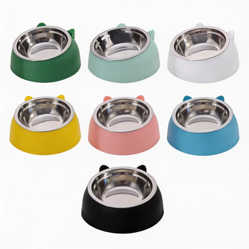 Cat Dog Bowl 15° Tilted Stainless Steel Pet Food Bowl with Cat Ear Design