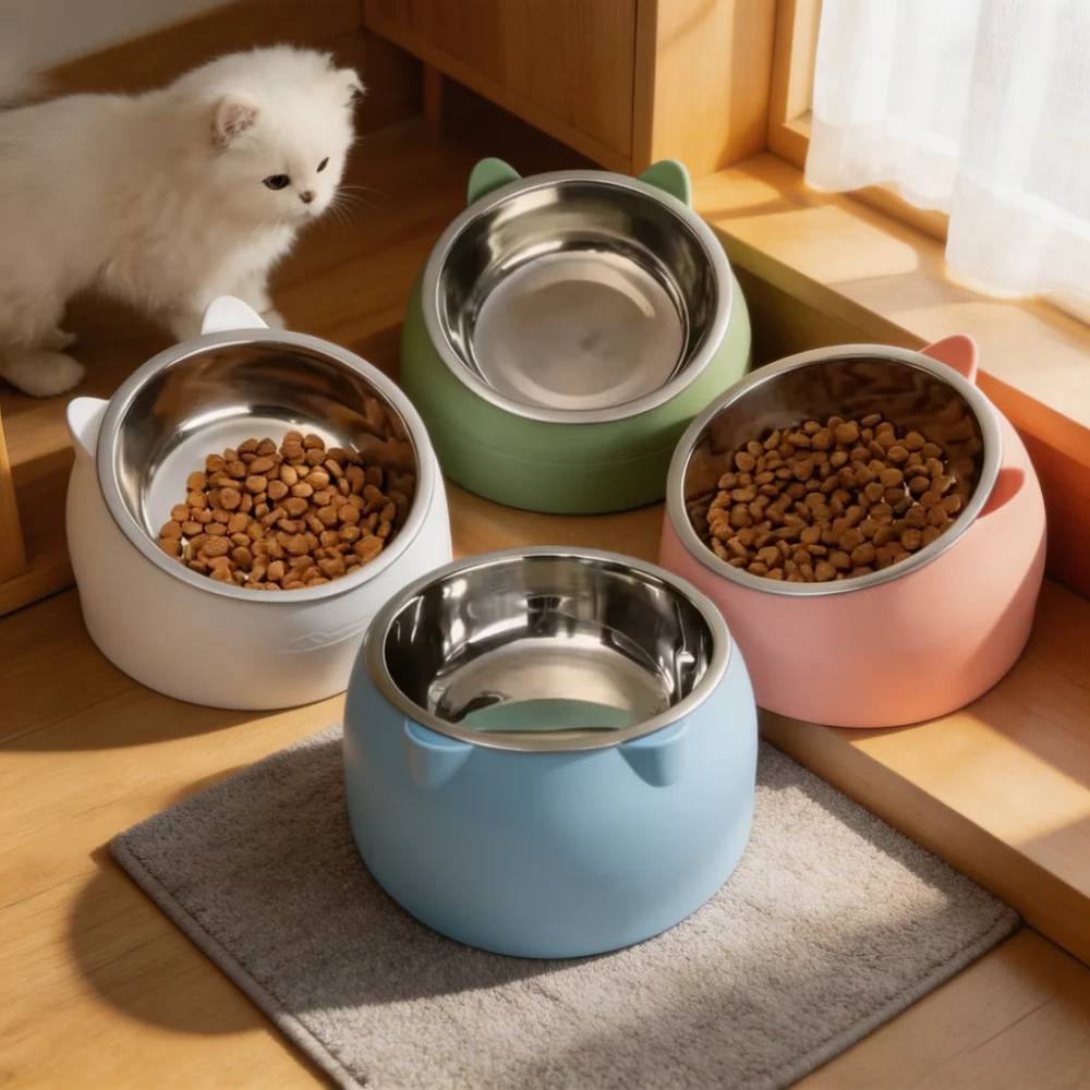 Cat Dog Bowl 15° Tilted Stainless Steel Pet Food Bowl with Cat Ear Design