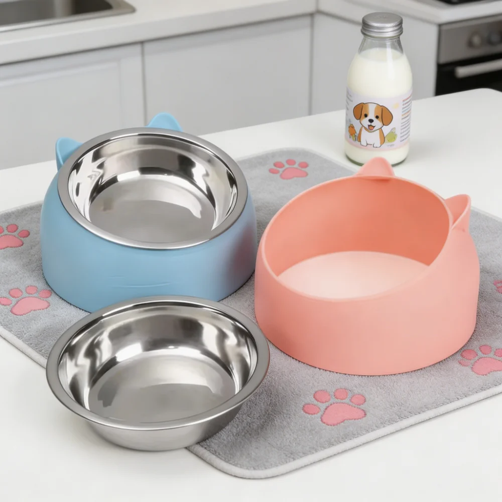 Cat Dog Bowl 15° Tilted Stainless Steel Pet Food Bowl with Cat Ear Design