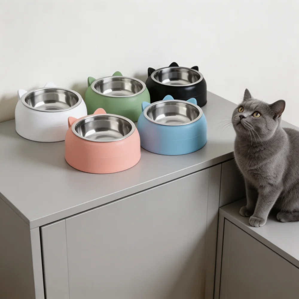 Cat Dog Bowl 15° Tilted Stainless Steel Pet Food Bowl with Cat Ear Design