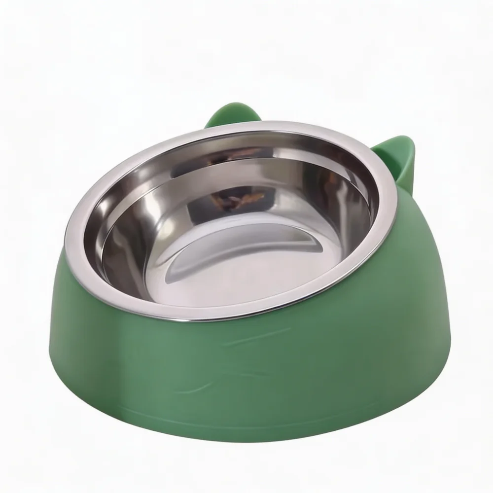 Cat Dog Bowl 15° Tilted Stainless Steel Pet Food Bowl with Cat Ear Design