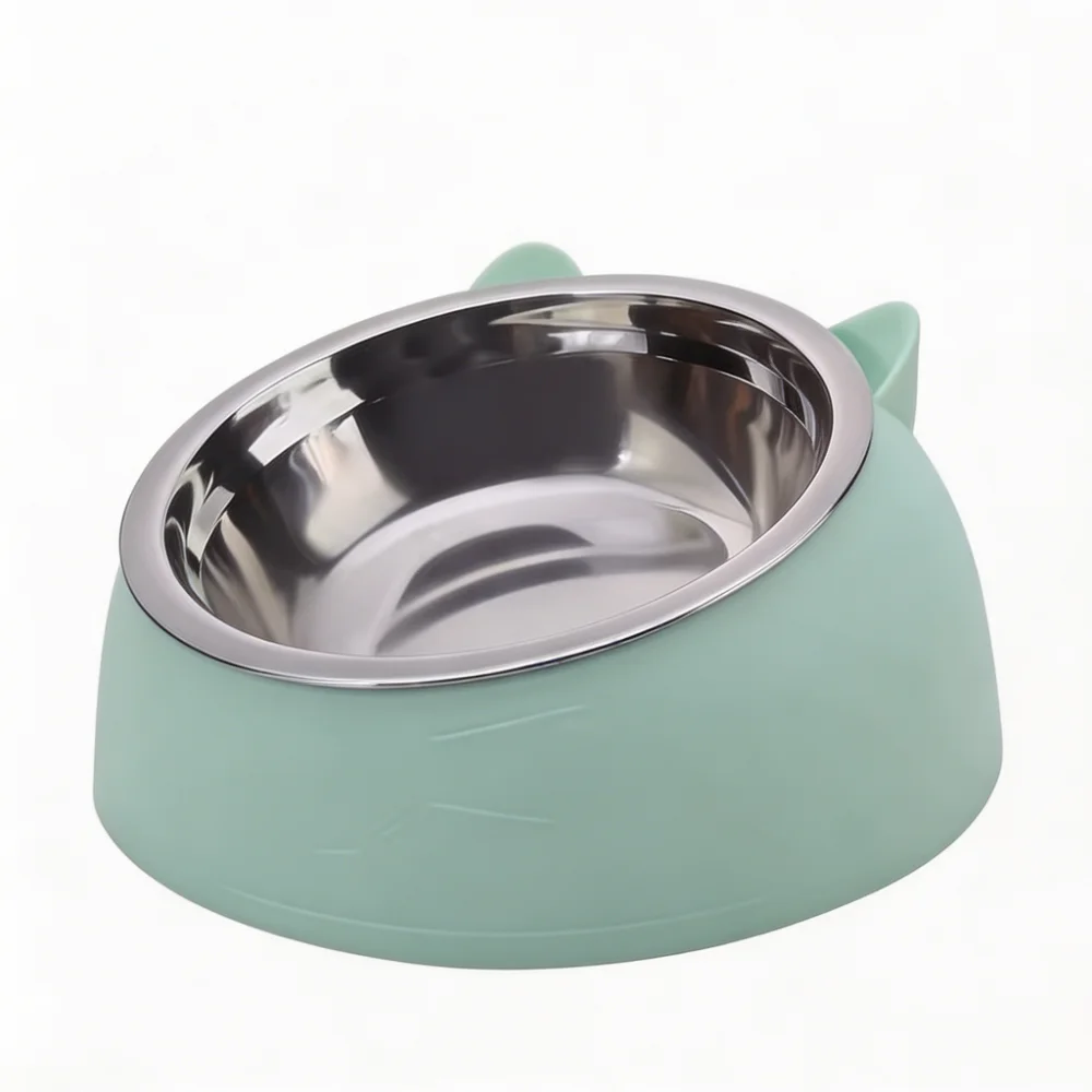 Cat Dog Bowl 15° Tilted Stainless Steel Pet Food Bowl with Cat Ear Design