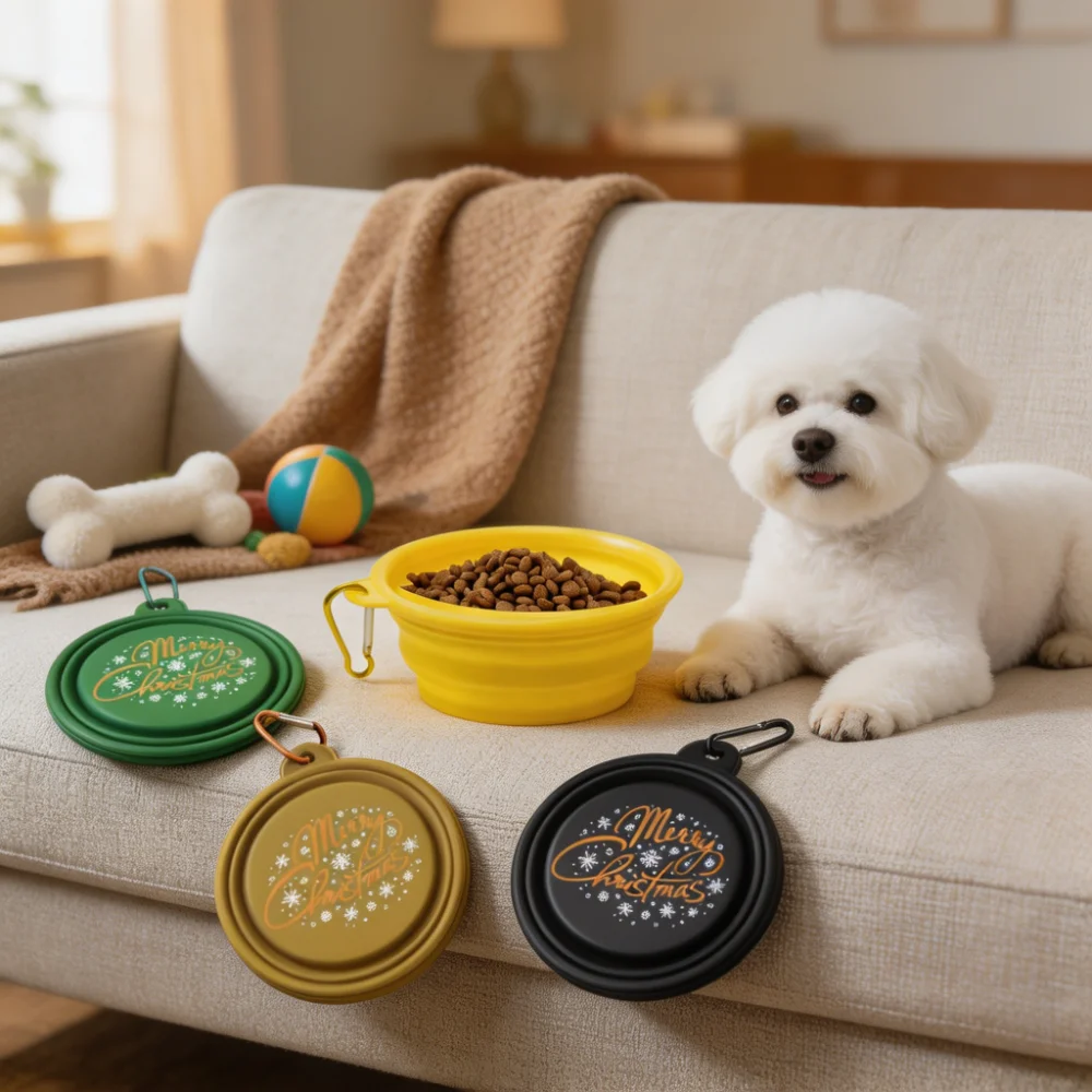 350ml Christmas Edition Collapsible Silicone Pet Bowl with Aluminum Carabiner