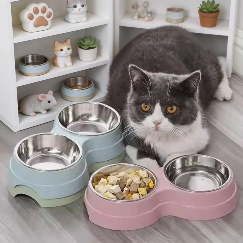Double Bowl Pet Feeder with Stainless Steel Inner Bowls