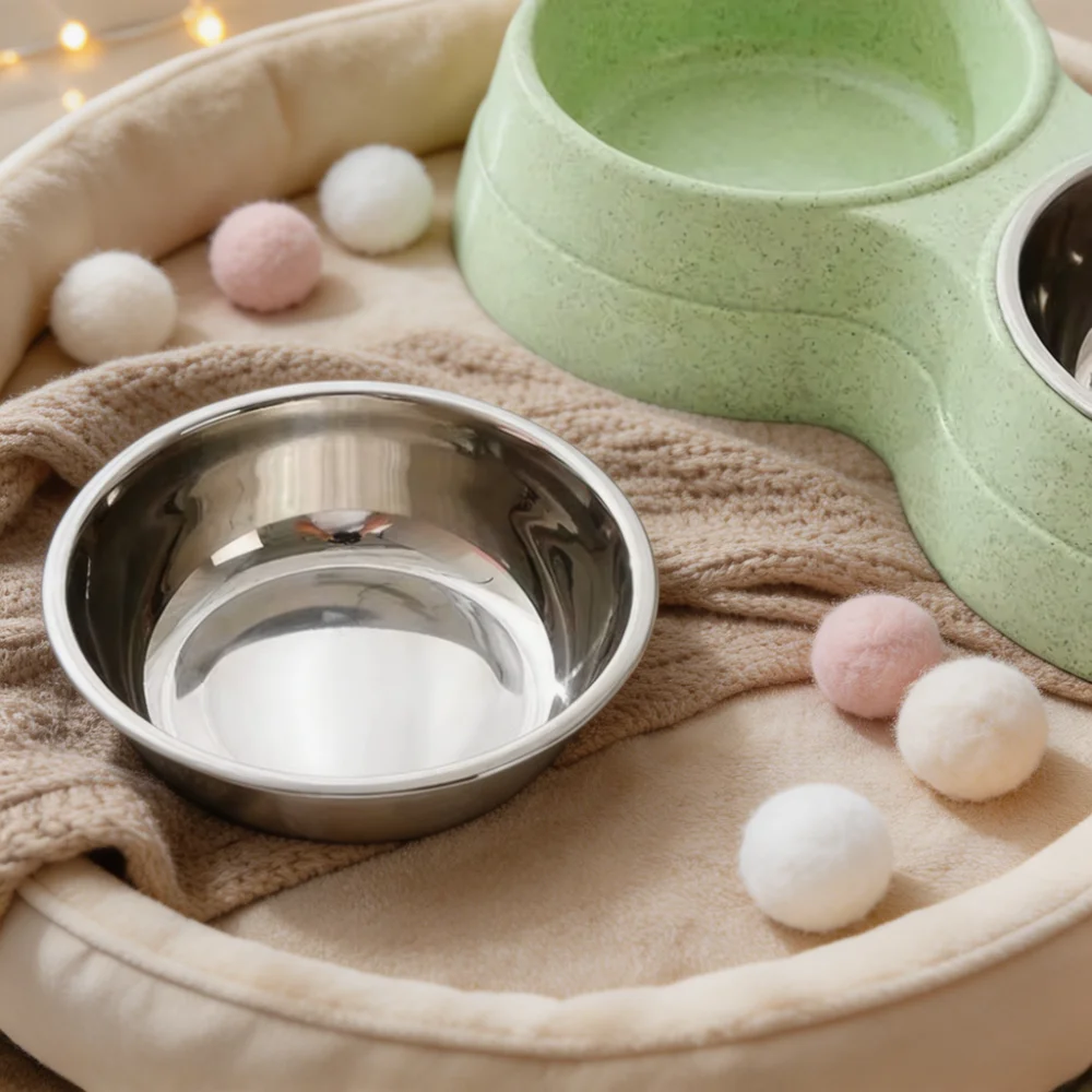 Double Bowl Pet Feeder with Stainless Steel Inner Bowls