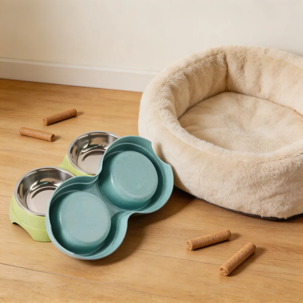 Double Bowl Pet Feeder with Stainless Steel Inner Bowls