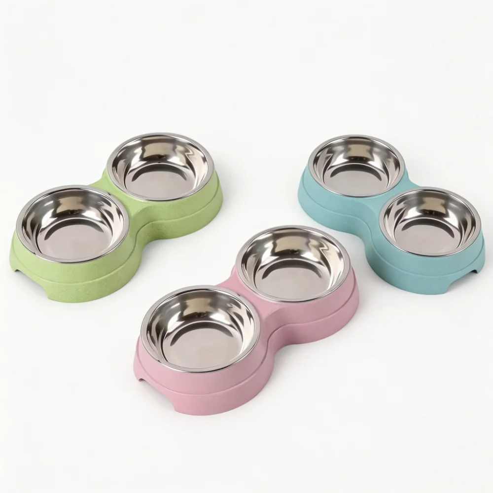 Double Bowl Pet Feeder with Stainless Steel Inner Bowls