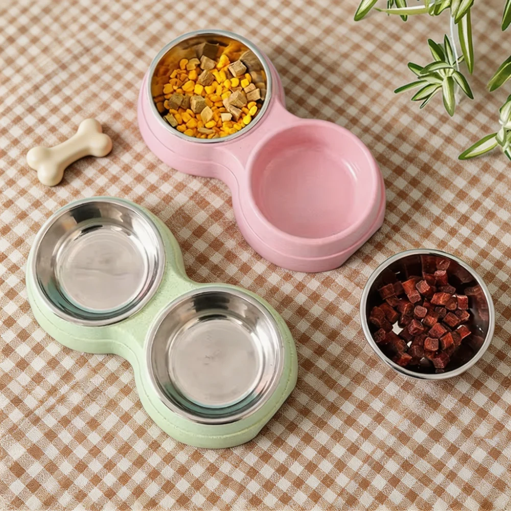 Double Bowl Pet Feeder with Stainless Steel Inner Bowls