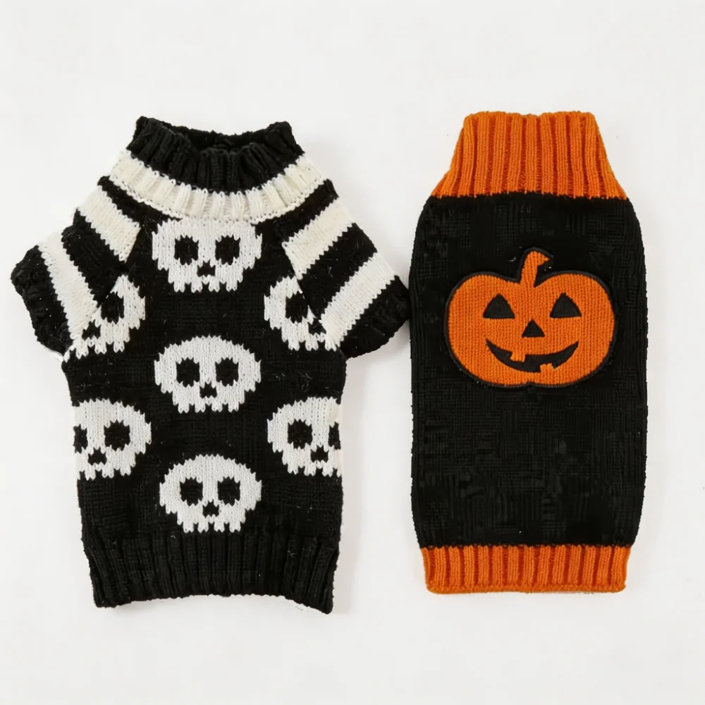 Skull Jacquard and Pumpkin Embroidery Knit Pullover