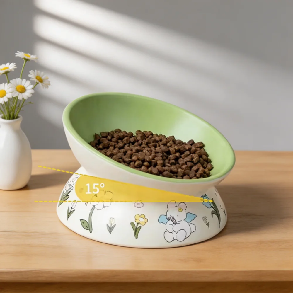 Hand-Painted Raised Tilted Ceramic Pet Bowl with 15° Ergonomic Incline