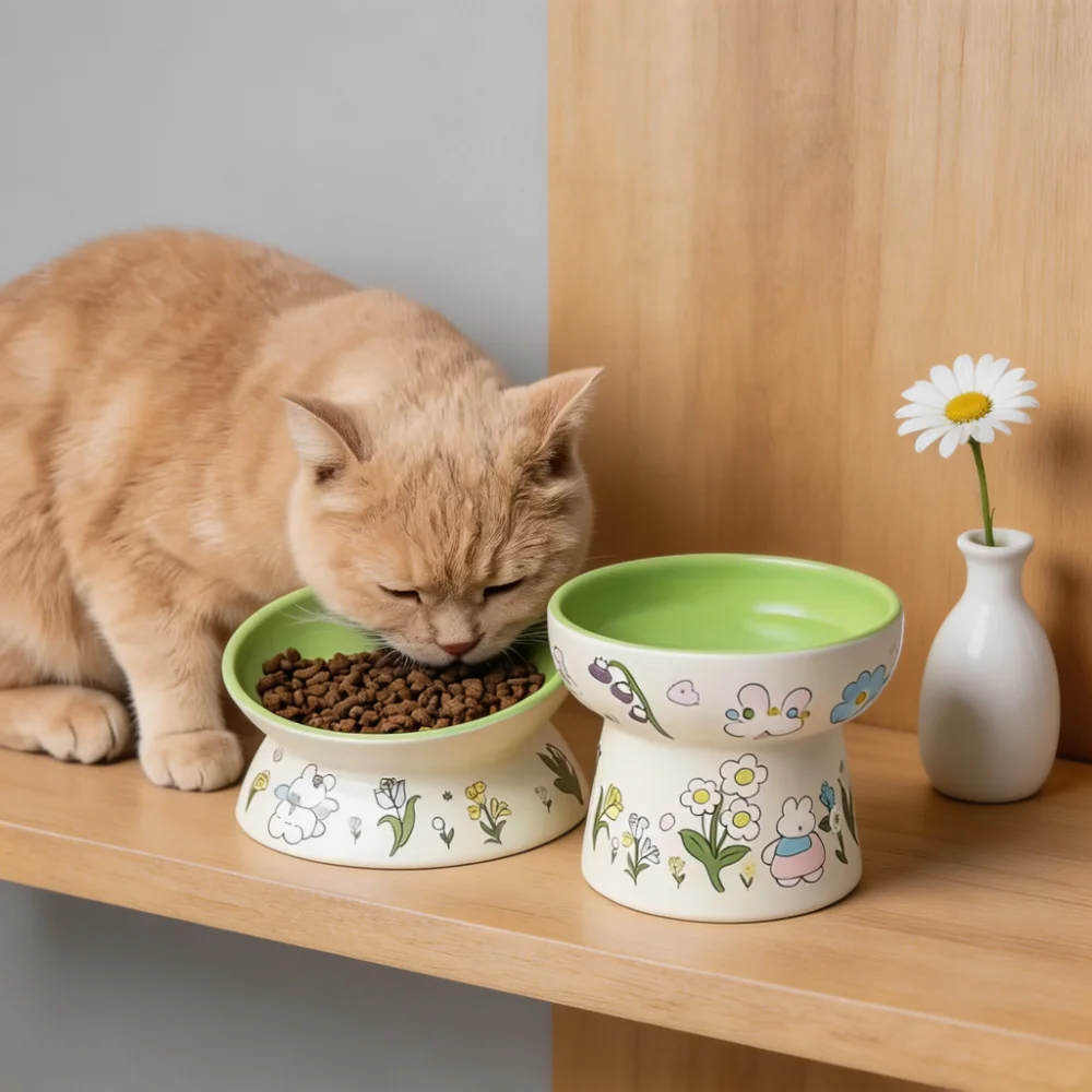 Hand-Painted Raised Tilted Ceramic Pet Bowl with 15° Ergonomic Incline