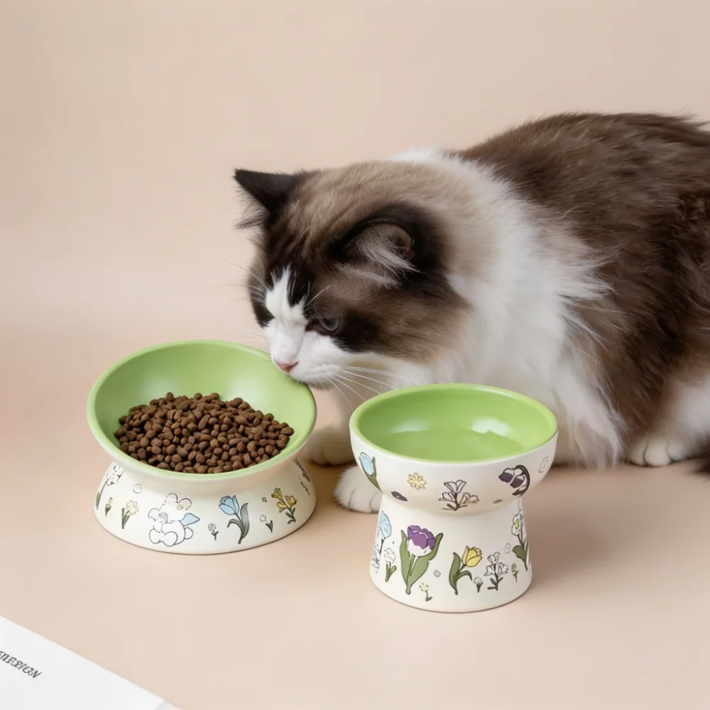 Hand-Painted Raised Tilted Ceramic Pet Bowl with 15° Ergonomic Incline
