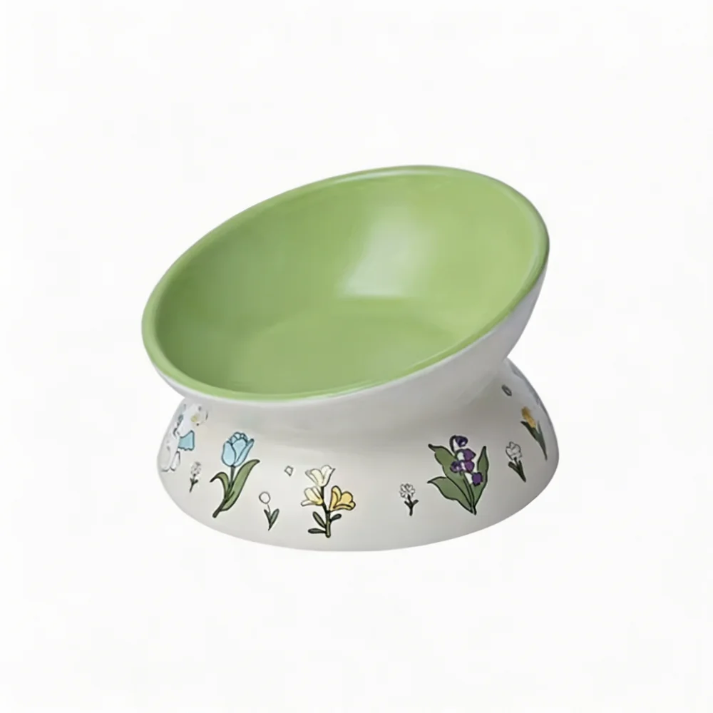 Hand-Painted Raised Tilted Ceramic Pet Bowl with 15° Ergonomic Incline