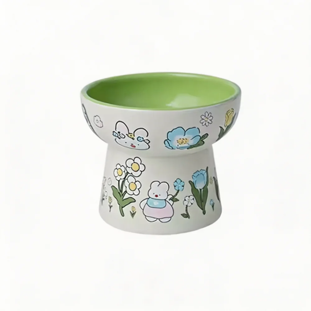 Hand-Painted Raised Tilted Ceramic Pet Bowl with 15° Ergonomic Incline
