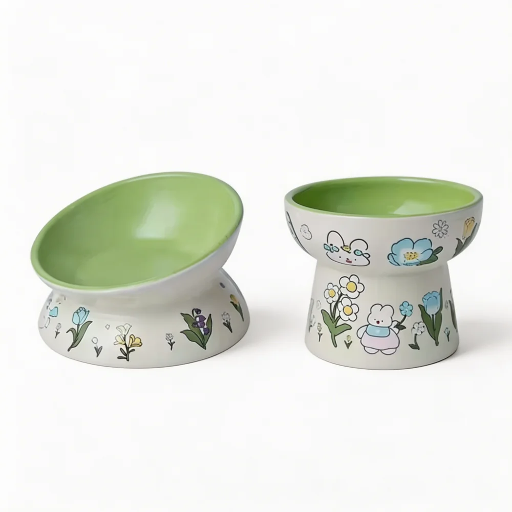 Hand-Painted Raised Tilted Ceramic Pet Bowl with 15° Ergonomic Incline