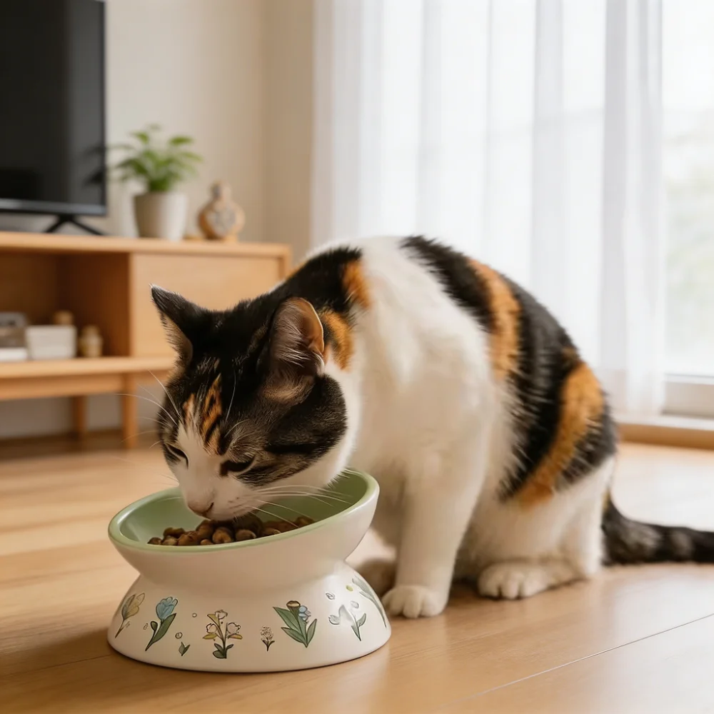 Hand-Painted Raised Tilted Ceramic Pet Bowl with 15° Ergonomic Incline