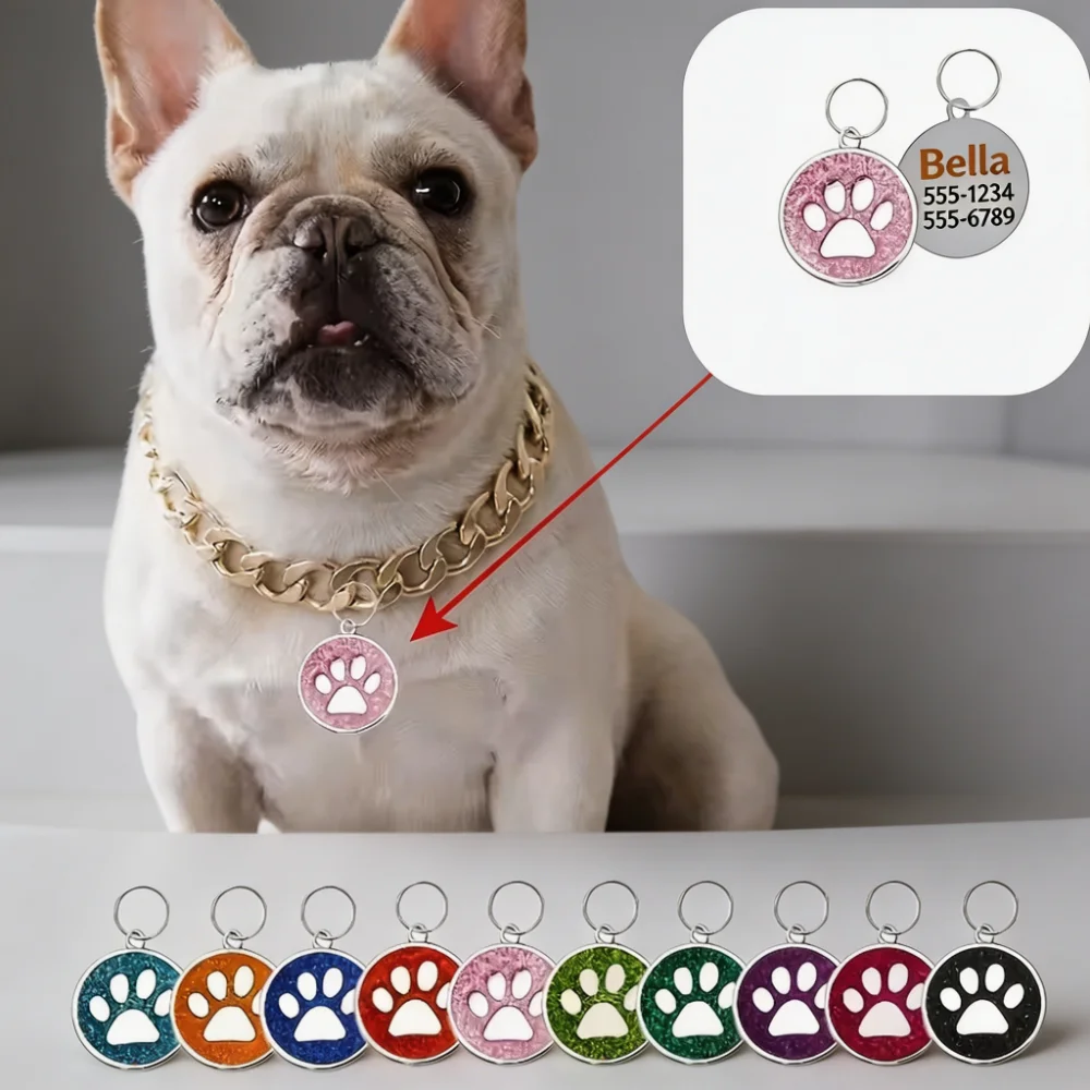 Personalized Stainless Steel Dog Tag with Glitter Paw Print