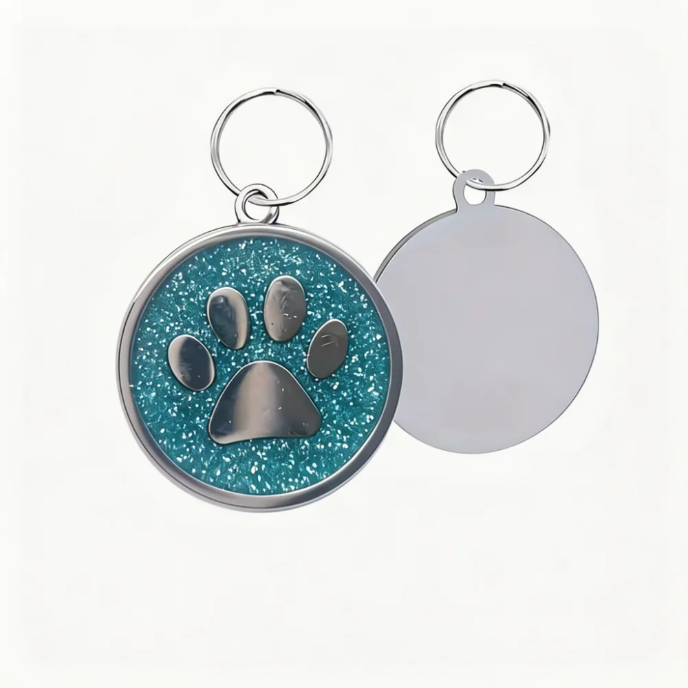 Personalized Stainless Steel Dog Tag with Glitter Paw Print