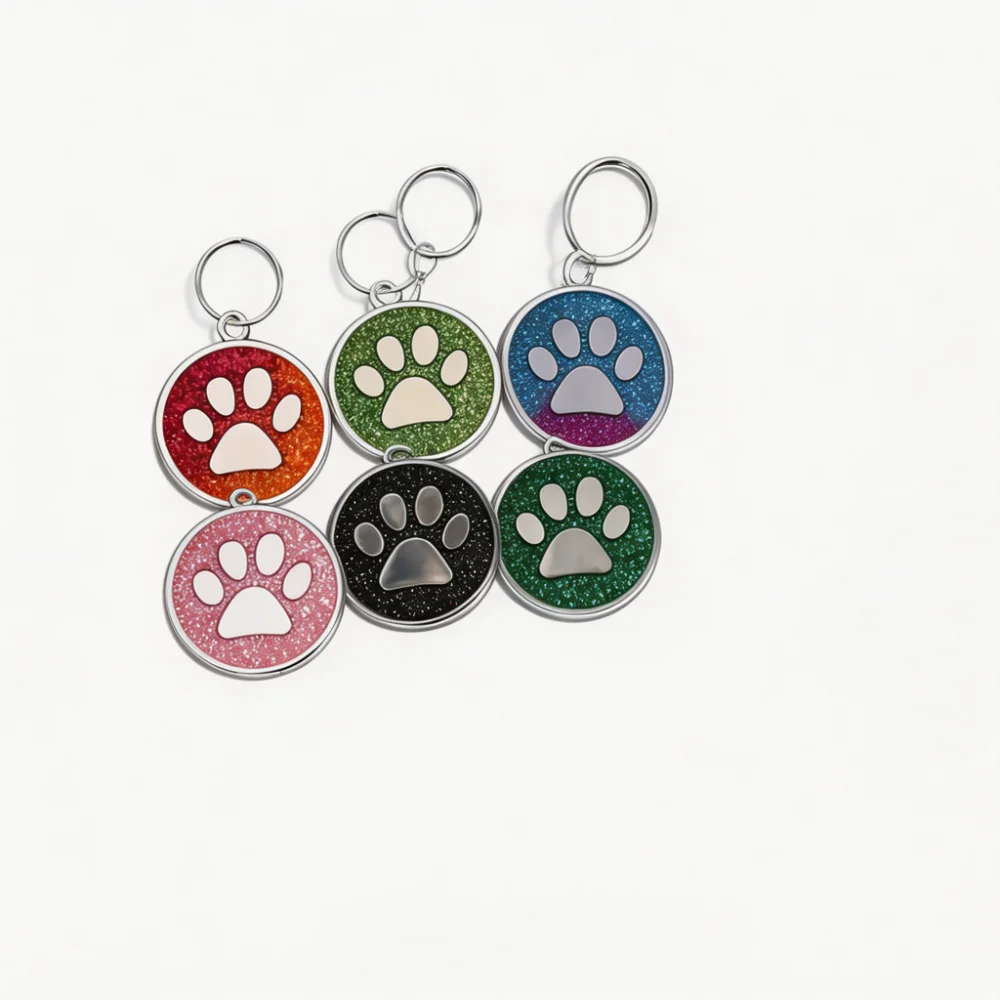 Personalized Stainless Steel Dog Tag with Glitter Paw Print