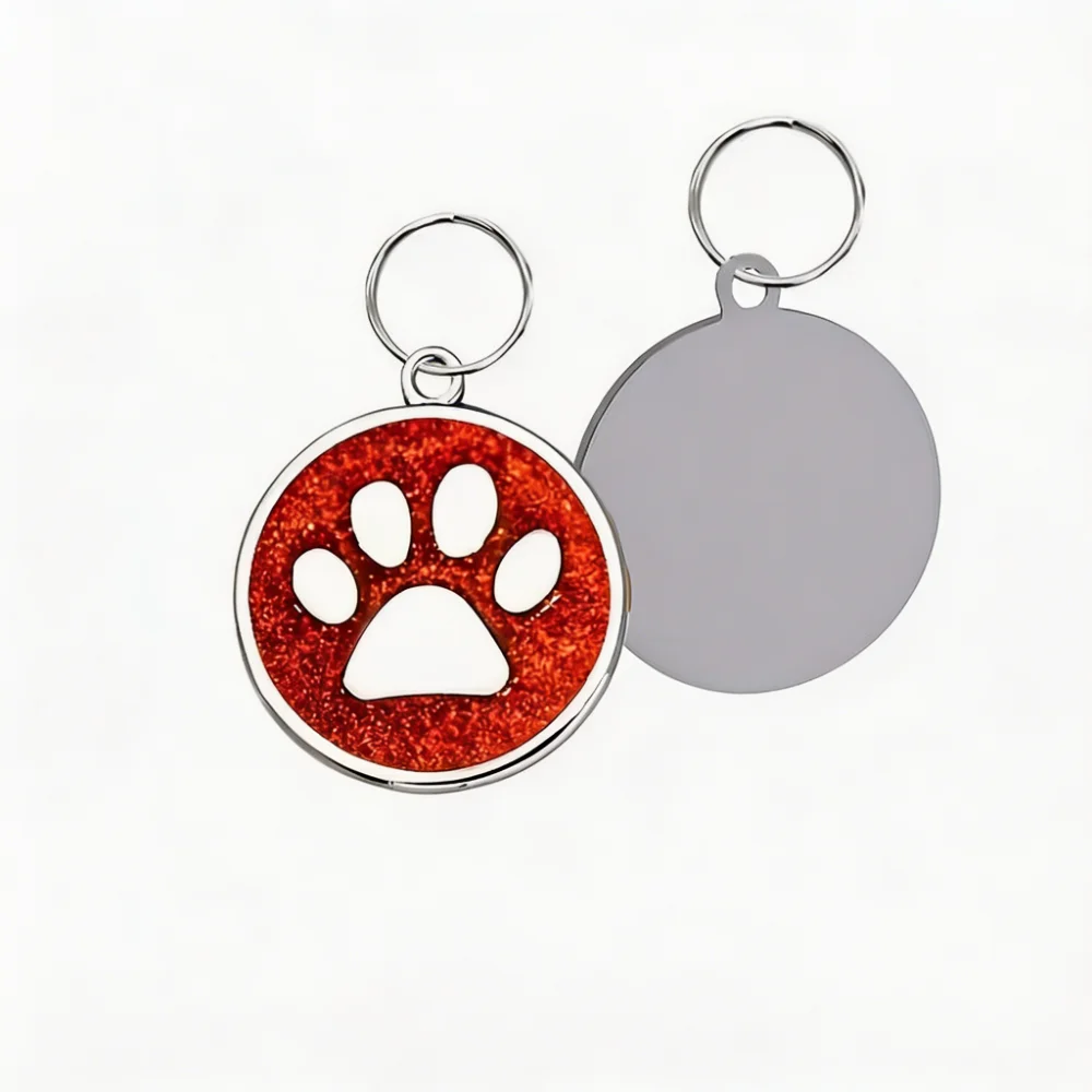 Personalized Stainless Steel Dog Tag with Glitter Paw Print