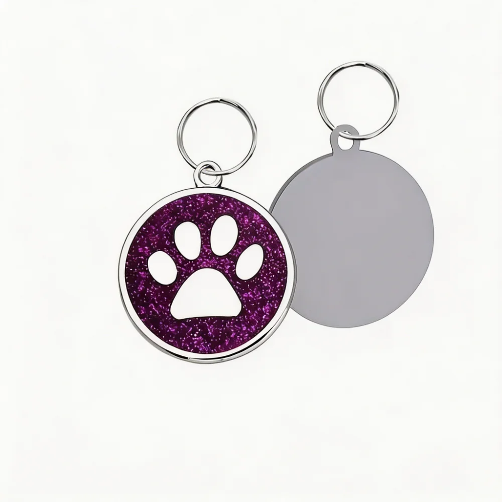 Personalized Stainless Steel Dog Tag with Glitter Paw Print