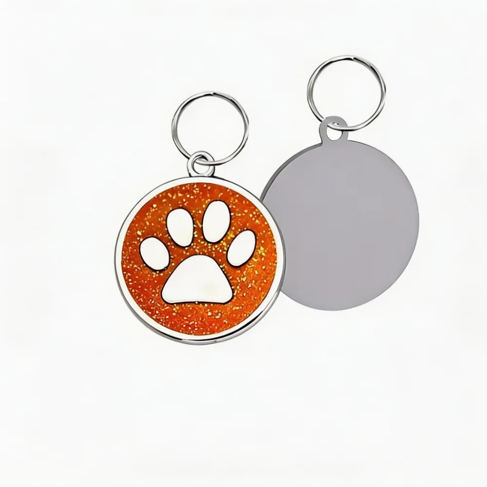 Personalized Stainless Steel Dog Tag with Glitter Paw Print