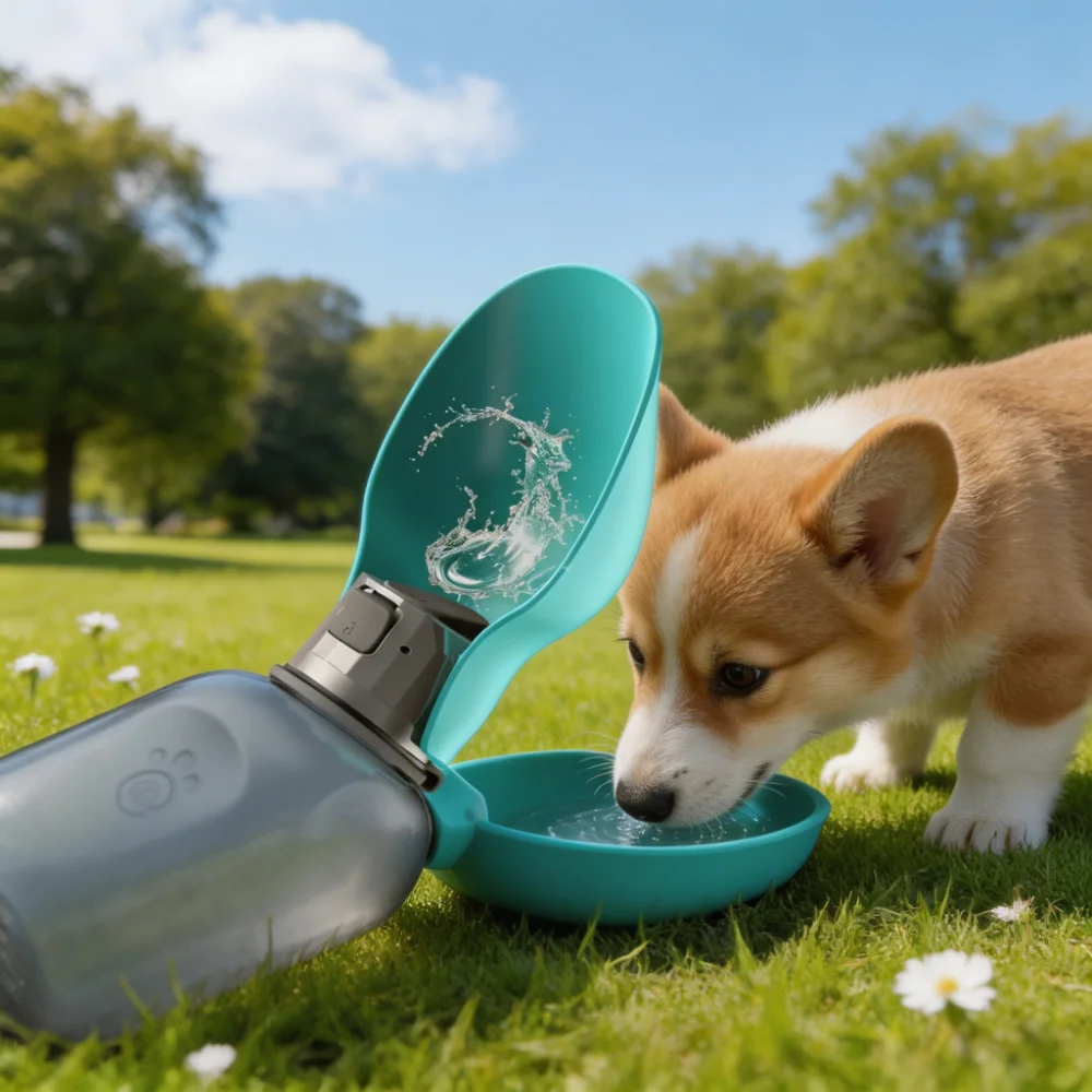 Portable Foldable Pet Water Bottle with Leaf-Shaped Silicone Trough