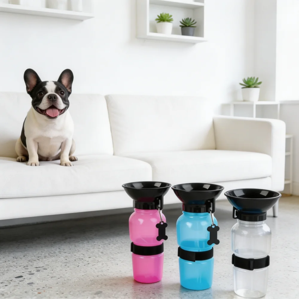 Squeeze-to-Hydrate Portable Pet Water Bottle with Foldable Bowl Cap