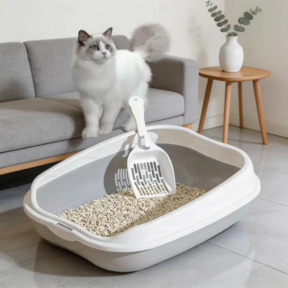 Semi-Enclosed Cat Litter Box with Scoop and Hanging Slot