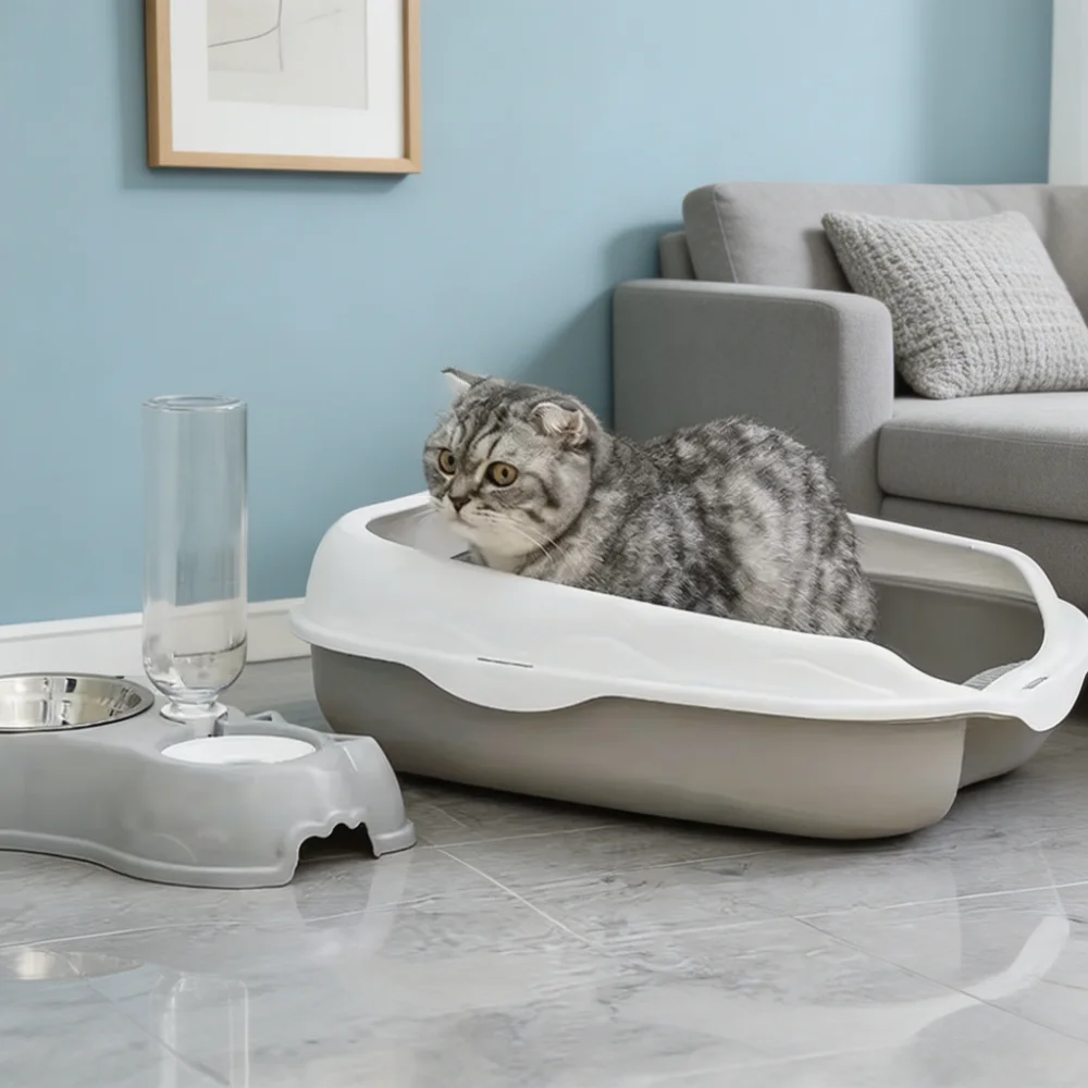 Semi-Enclosed Cat Litter Box with Scoop and Hanging Slot