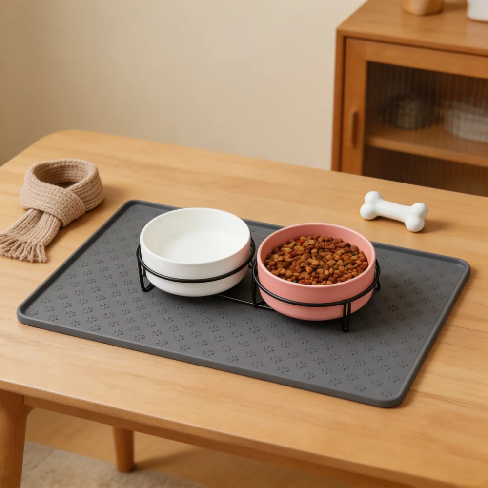Silicone Pet Feeding Mat with Raised Edges Non-Slip Paw Print Surface