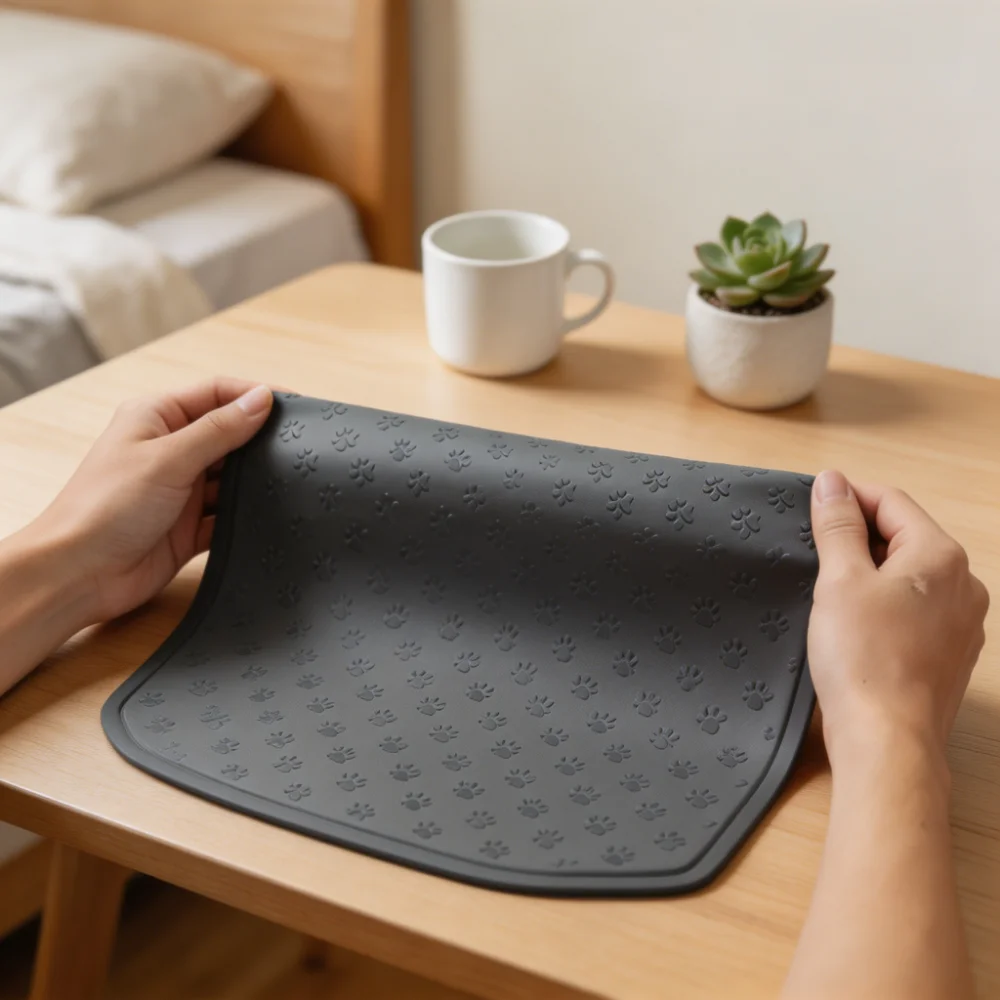 Silicone Pet Feeding Mat with Raised Edges Non-Slip Paw Print Surface